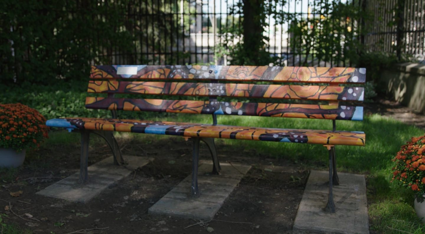 Painted bench in Ishkozi Park